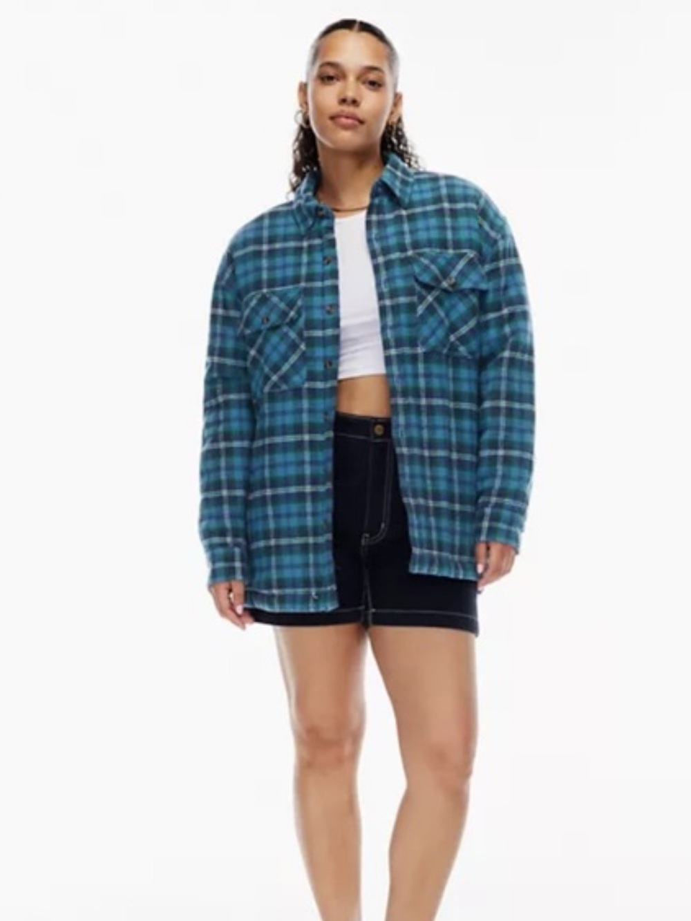 Aritzia Teal Plaid Oversized Flannel Shirt Jacket